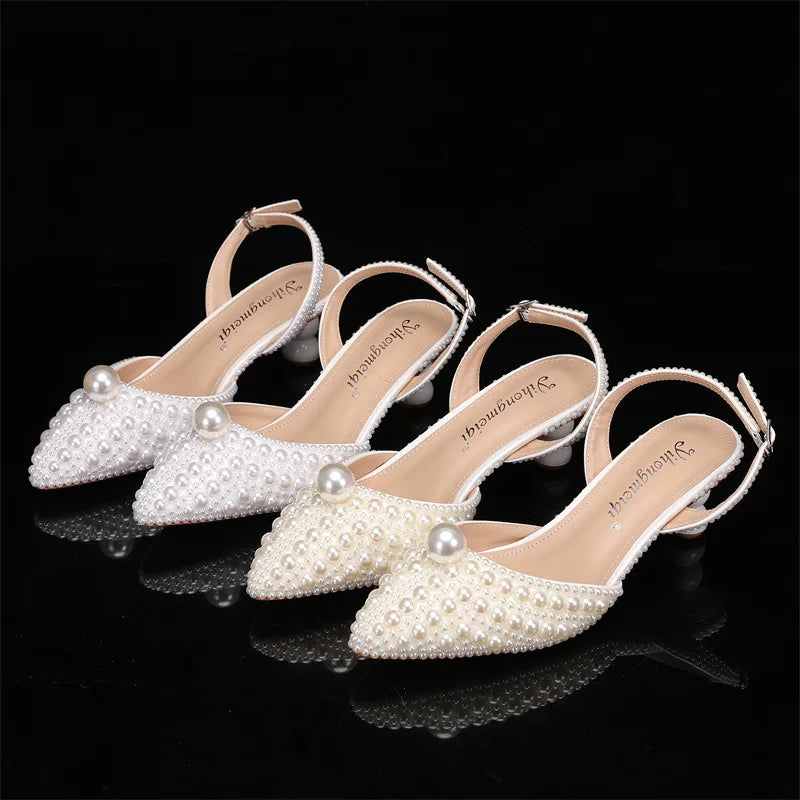 Women's 5cm Round Heel Shaped Heel Pearl Sandals