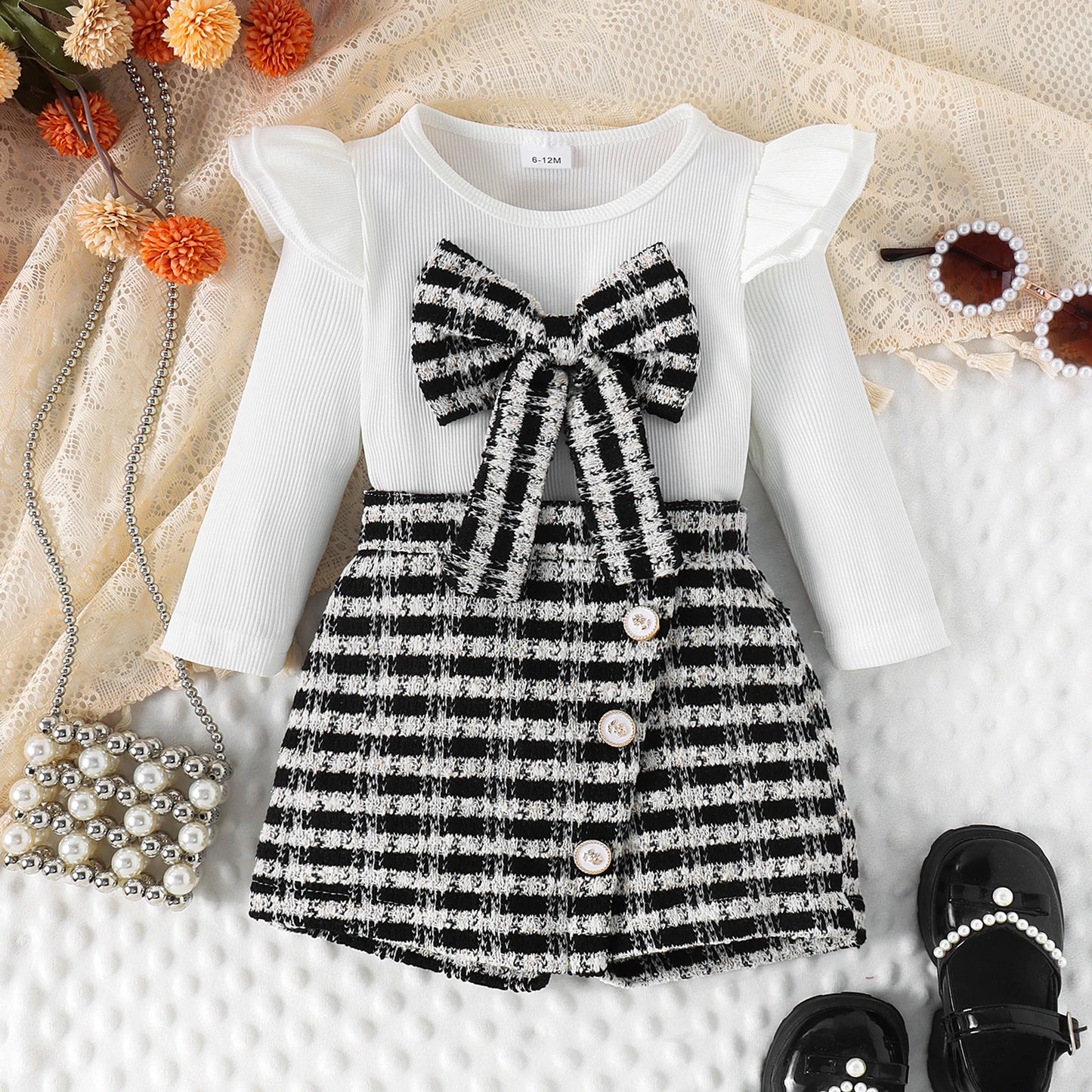 0-4Y Kids Girls Long Sleeve Bowknot Top Buttons Plaid Print A-Line Skirt