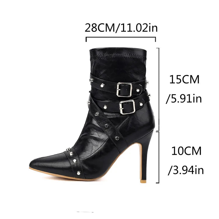 Women's Rivet Belt Buckle 10cm High Heel Short Pointed Side Zipper Leather Ankle Boots