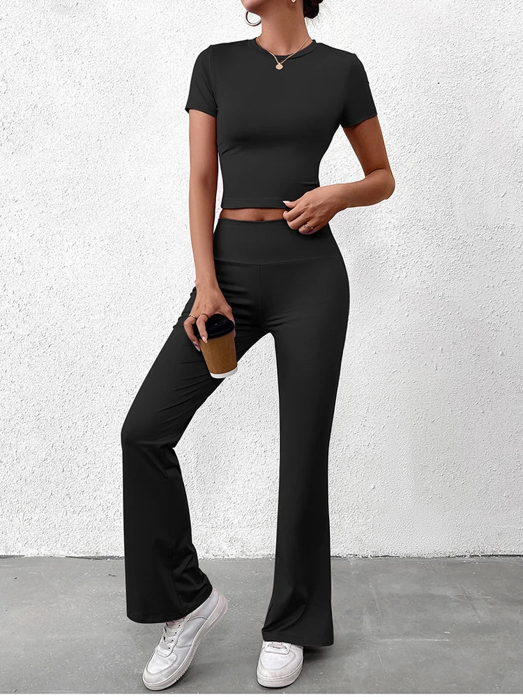 Women's Two-Piece Yoga Set - Short Sleeve T-Shirt & Straight Pants