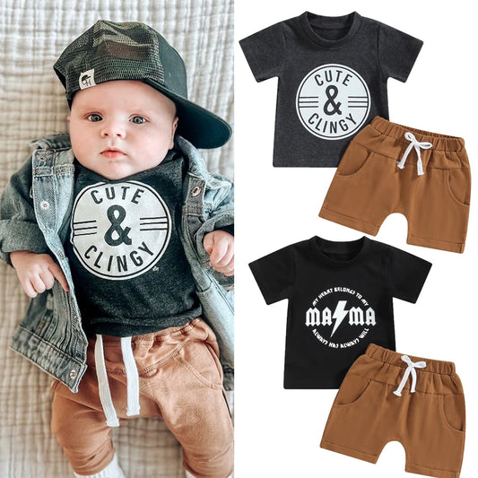 0-3Y Toddler Kids Boys Clothes Set Short Sleeve Letters Print Top with  Solid Colour Short Drawstring Shorts