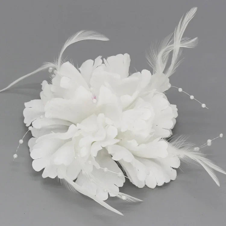Handmade Fabric Flower Brooch - Pearl Feather Wedding Party Corsage