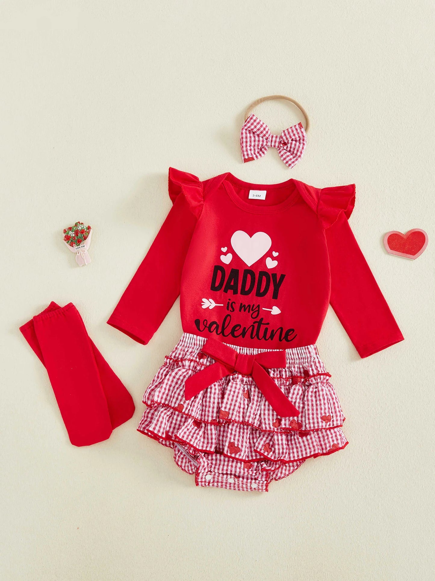 Baby Valentine's Day 4-Piece Outfit Set - Romper, Skirt, Leg Warmers & Headband