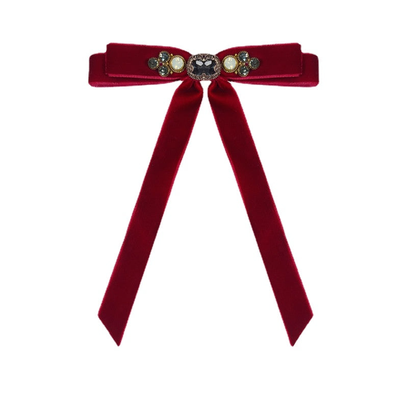 Retro Velvet Bow Brooch - Rhinestone Fabric Lapel Pin