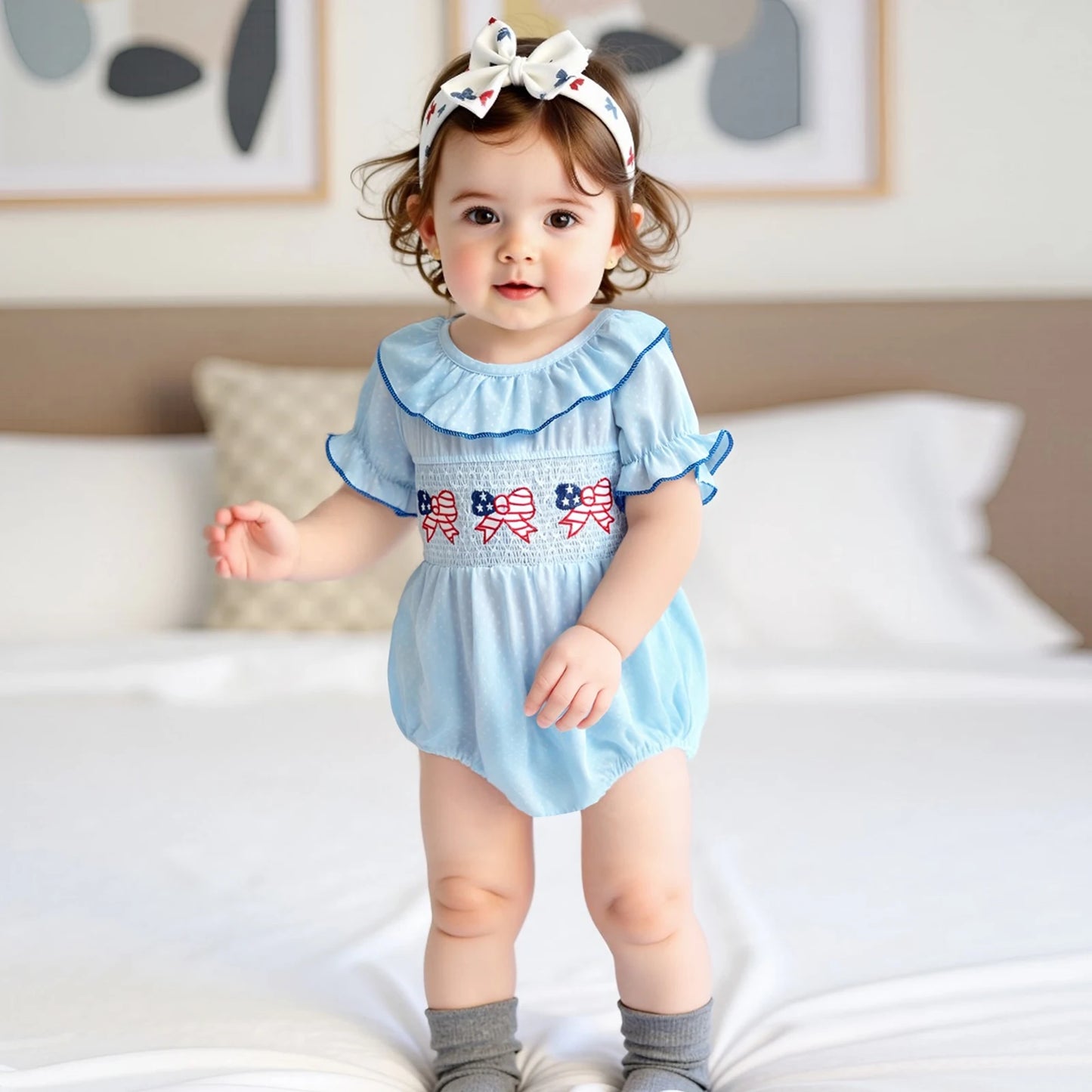 Baby Girls' Independence Day Romper - Dot Print Bow Flag Embroidery Ruffled Jumpsuit