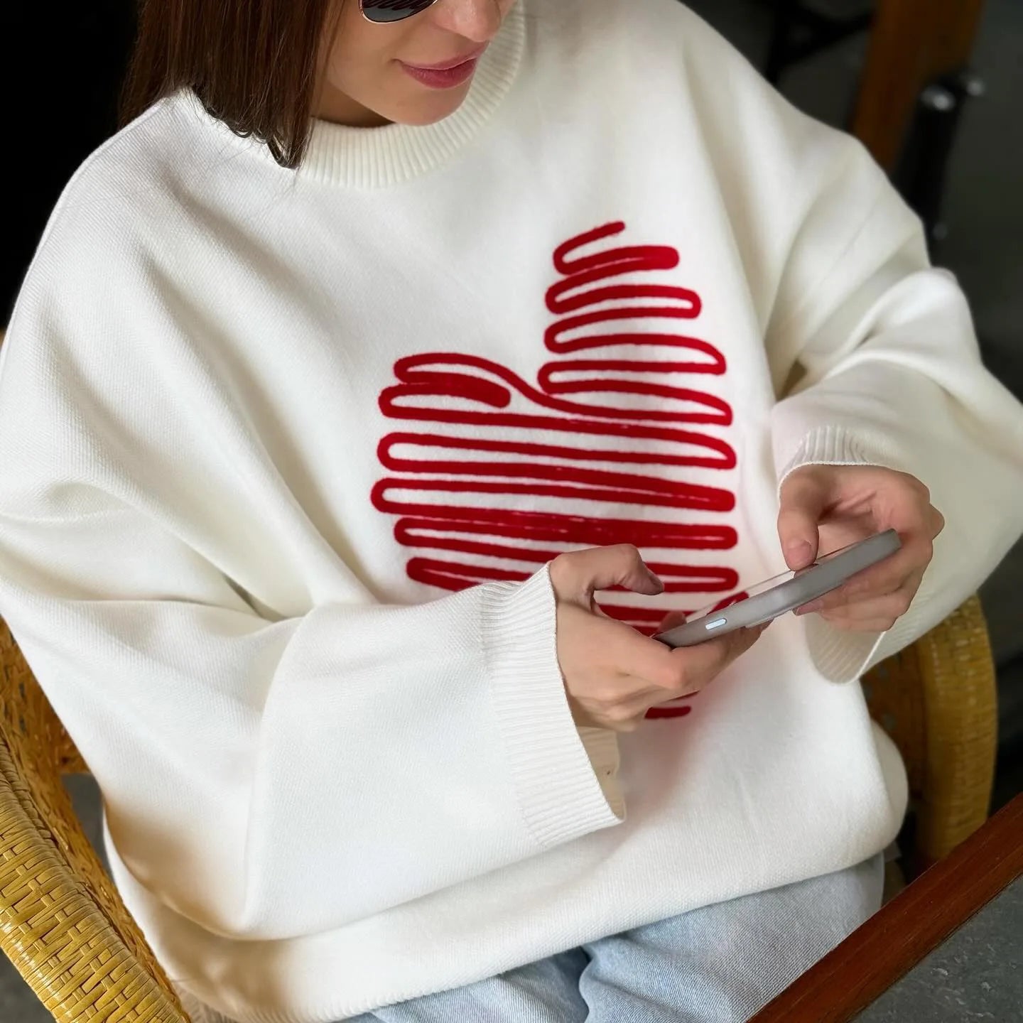 Women's Heart Knitted Loose Pullovers Long Sleeve Sweater