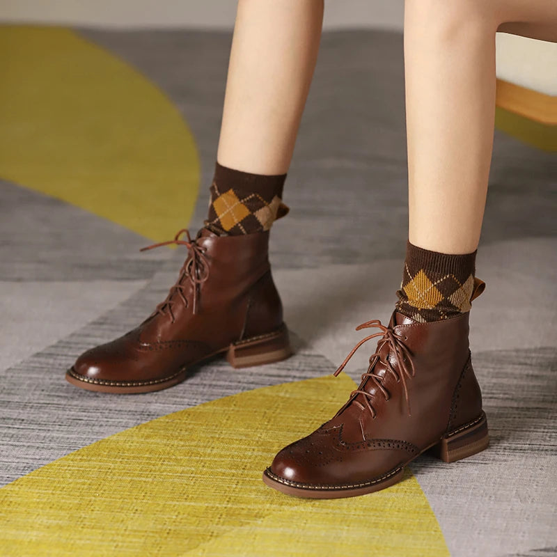 Women's Round Toe Low Heels Cross-Tied Genuine Leather Platform Ankle Boots