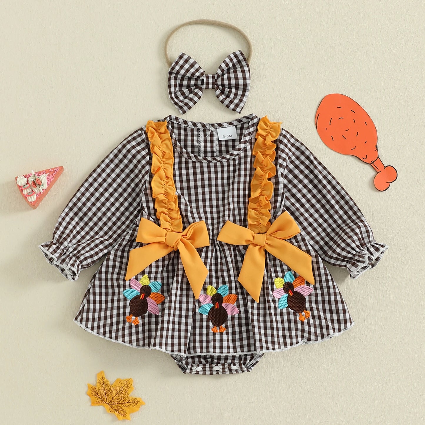 Baby Girls Thanksgiving Romper Dress with Headband - Turkey Plaid Ruffle Long Sleeve Jumpsuit