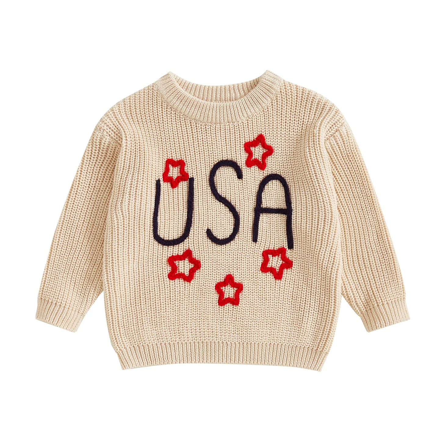 0-5Y USA Kids Boys Girls Sweater Letter Star Embroidery Long Sleeve Crew Neck Knitted Pullover Tops
