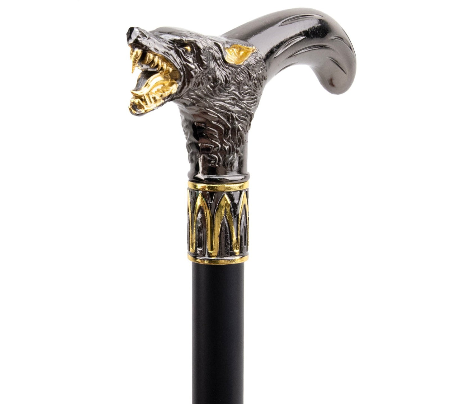 Golden Black Wolf Head Biting Walking Cane  93cm