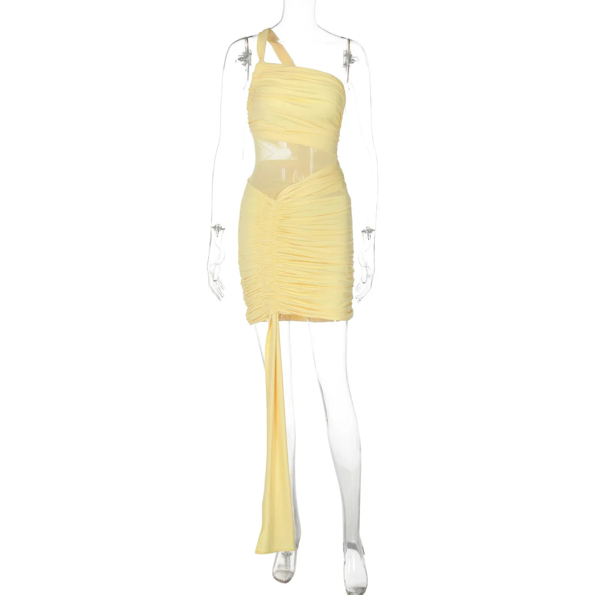 Women's Asymmetrical Bodycon Mini Dress - Ruched Mesh Patchwork Dress