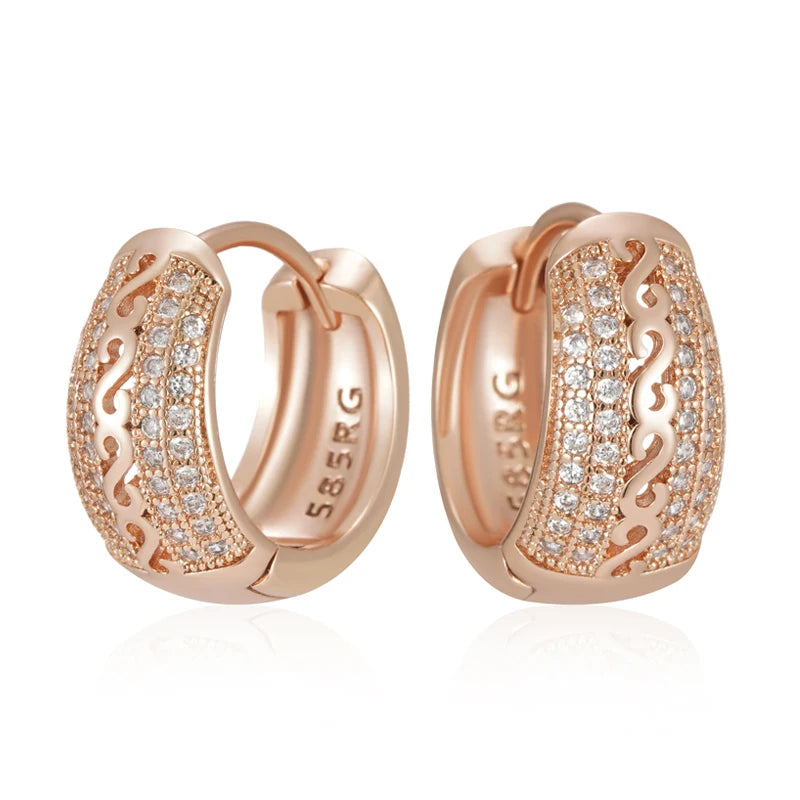 Women's Hollow Pattern  Natural Zircon  585 Rose Gold Color Hoop Earrings