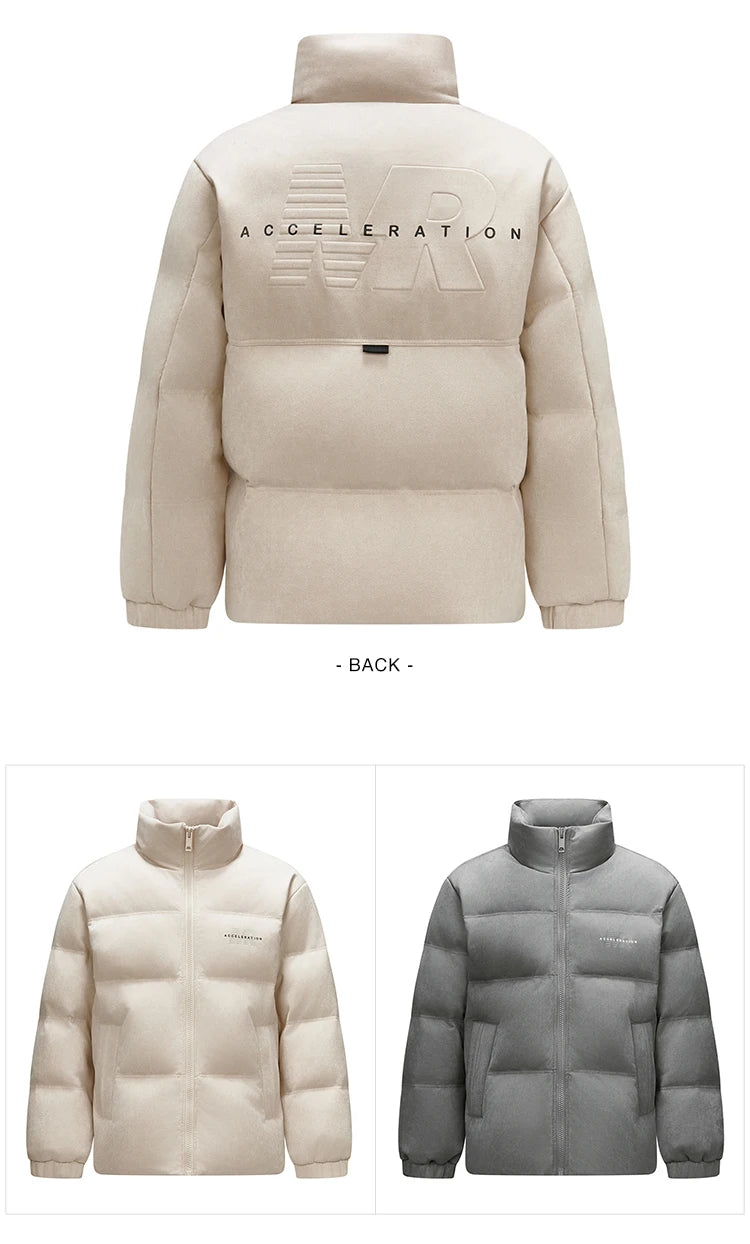 Down Jacket Men Faux Suede Texture Stand Collar Puffer Coat Winter Loose Fit Warm Outerwear