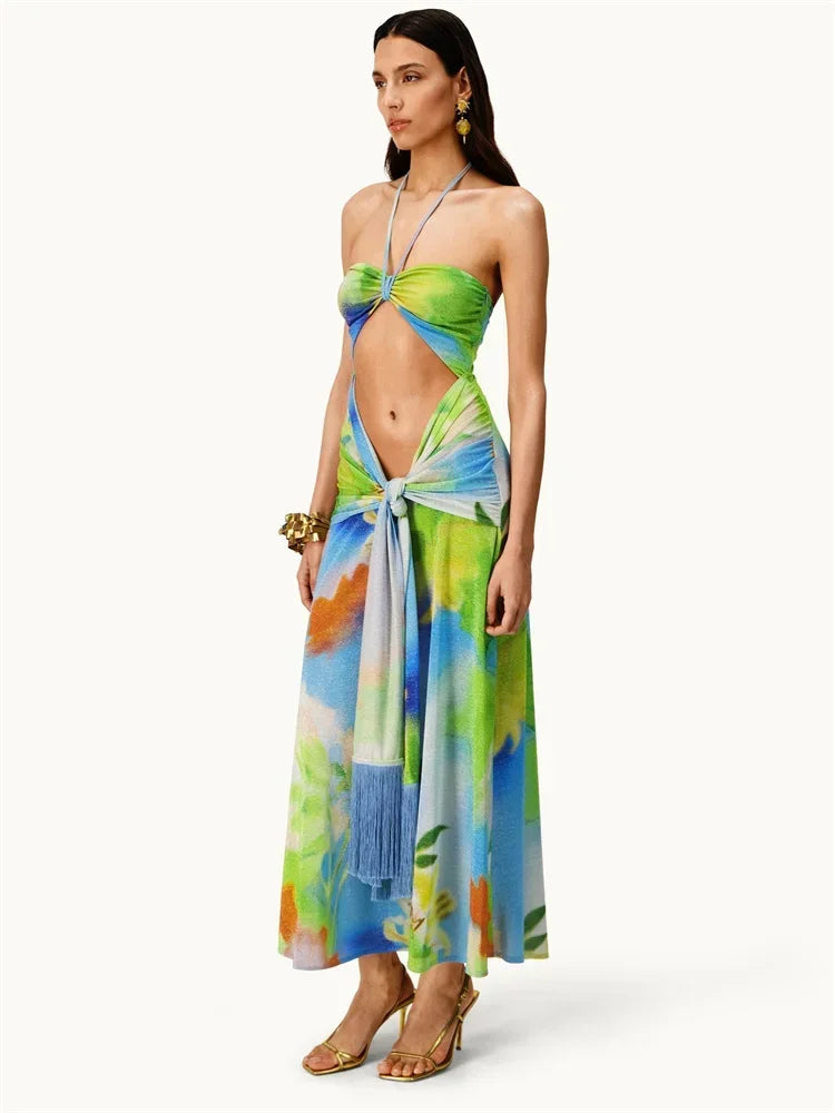 Women's Bandage Halter Backless Print Hollow Slim Long Sleeveless Strap Beach Dress