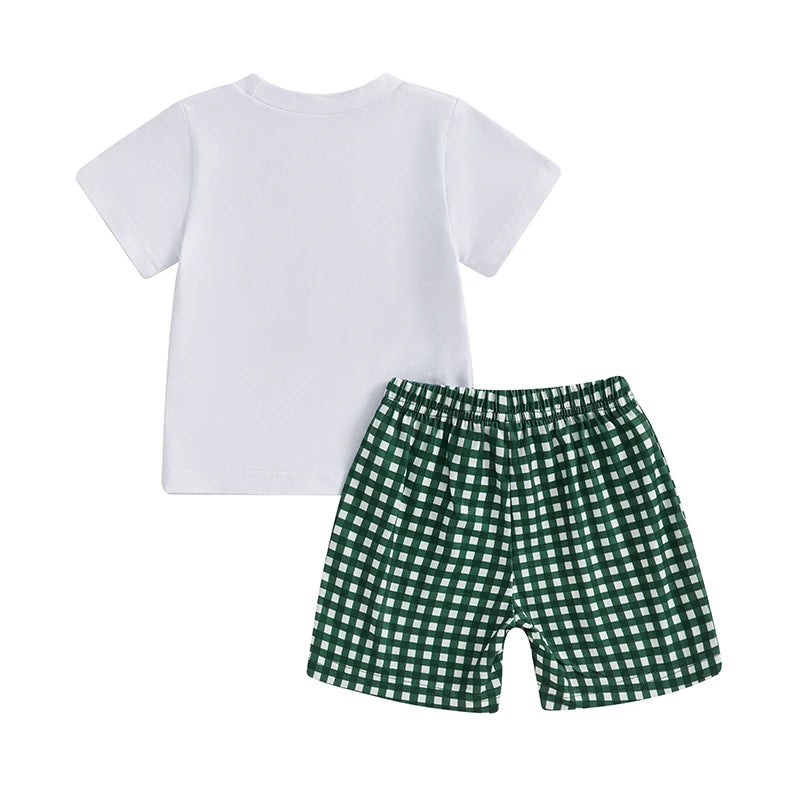 Baby Boys' Birthday Outfit Set - Cartoon Duck Letter Embroidery Short Sleeve Top & Plaid Shorts 2pcs