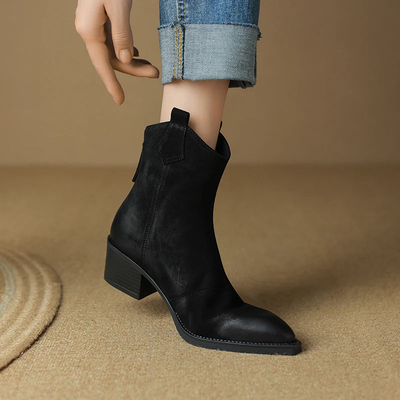 Women's Short Genuine Leather Thick Heels Pointed Toe Ankle Boots