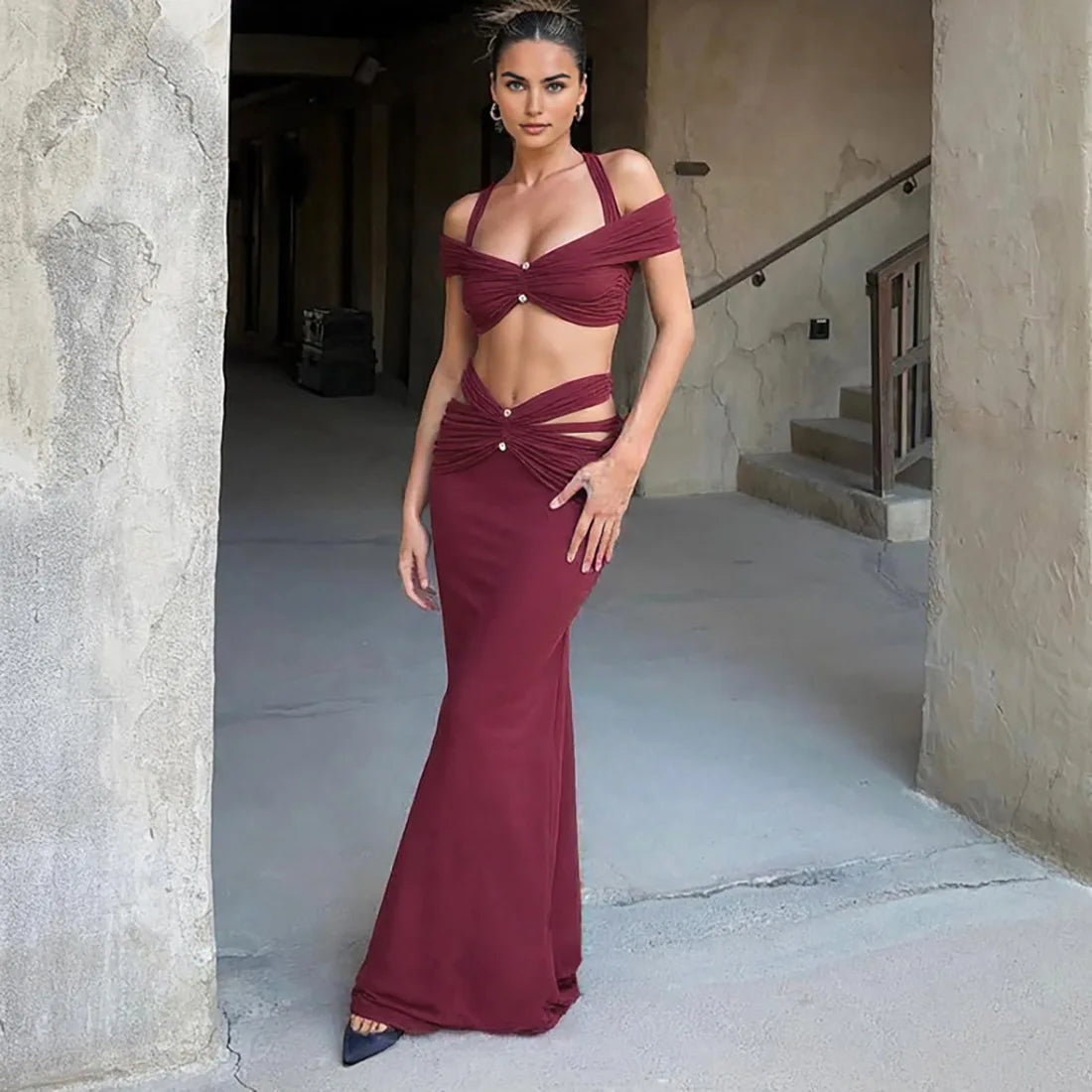 Women's Elegant Ruched Cut Out 2 Piece Dress Set - Halter Top & Maxi Skirt