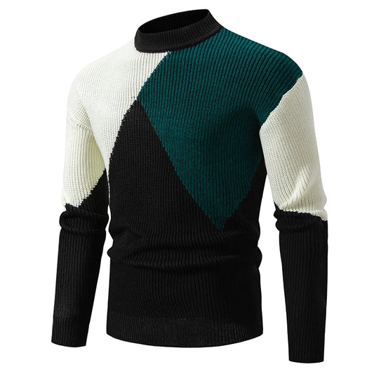 Men's  Autumn Winter Mock Neck Patchwork Casual Slim Fit Knitted Pullover Sweater