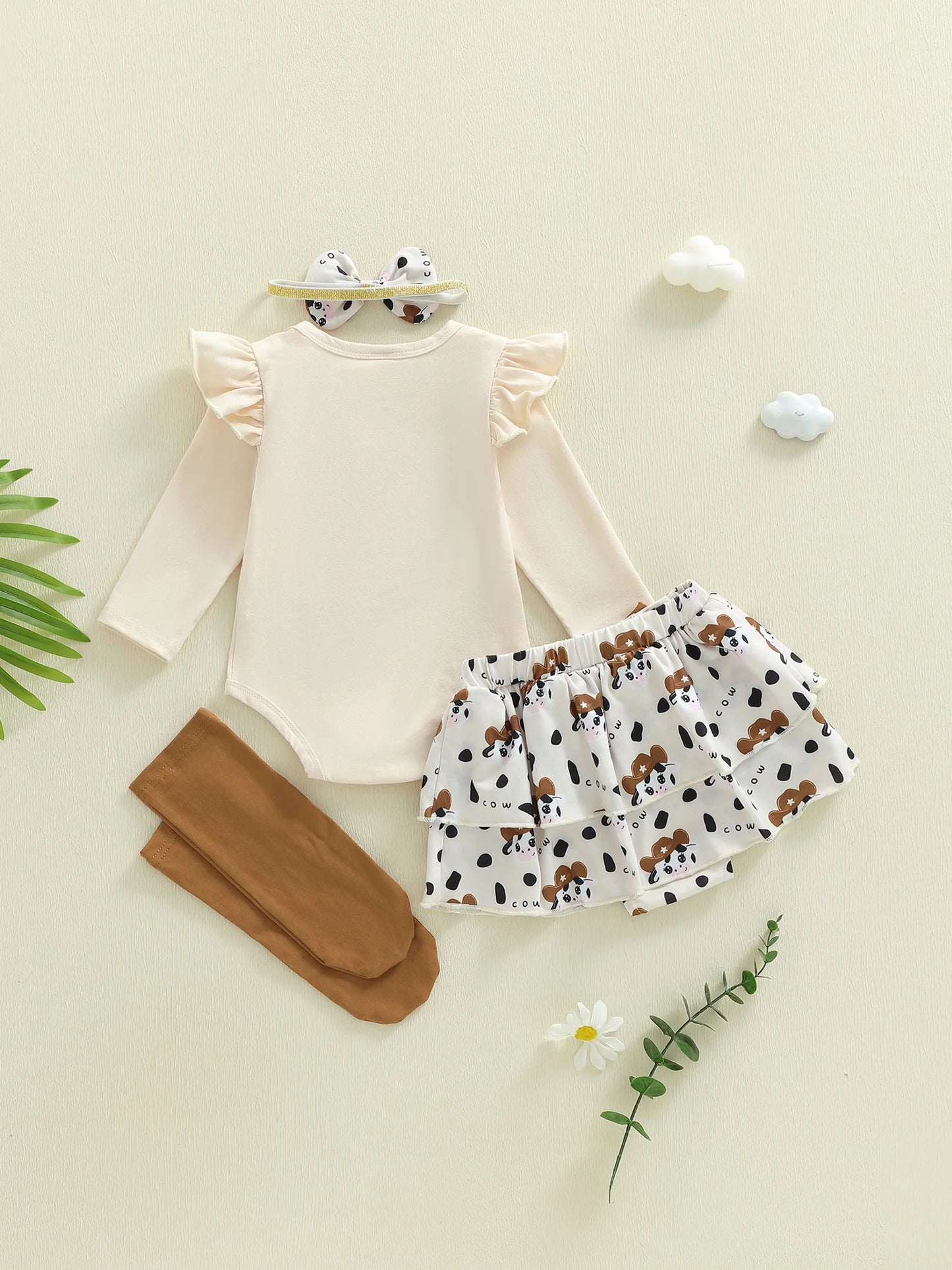 Newborn Baby Girls Boys Outfit Set - Cow Embroidery Romper with Skirt & Accessories 0-12M