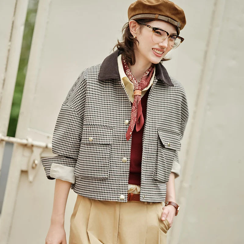 Women's Cropped Plaid Jacket - Turn Collar Loose Fit Autumn Fashion Coat