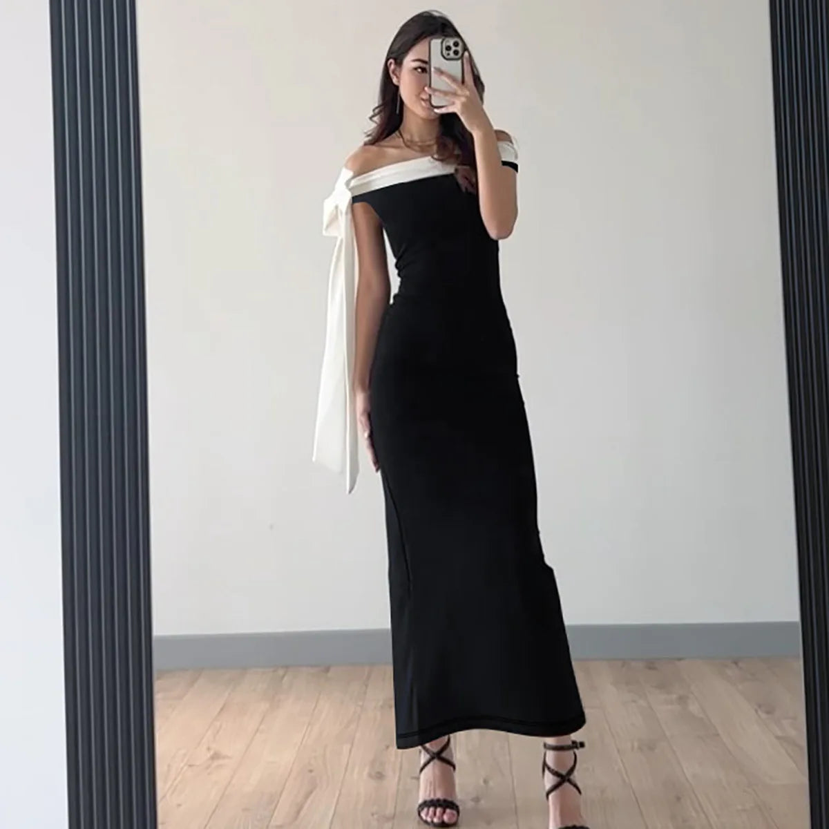 Women's Off-Shoulder Ribbons Maxi Contrast Colour Sleeveless Bodycon Irregular Dress