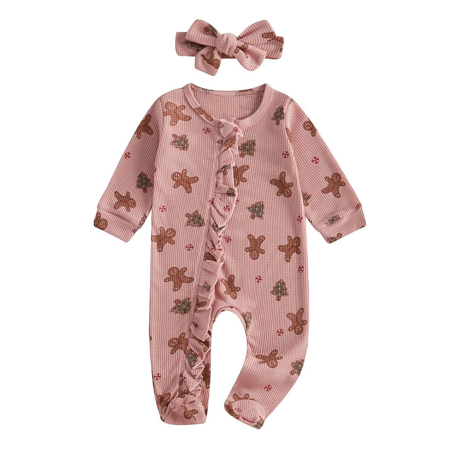 Baby Girls Boys Christmas Footies Jumpsuit Long Sleeve Gingerbread Print Ruffle Romper with Headband