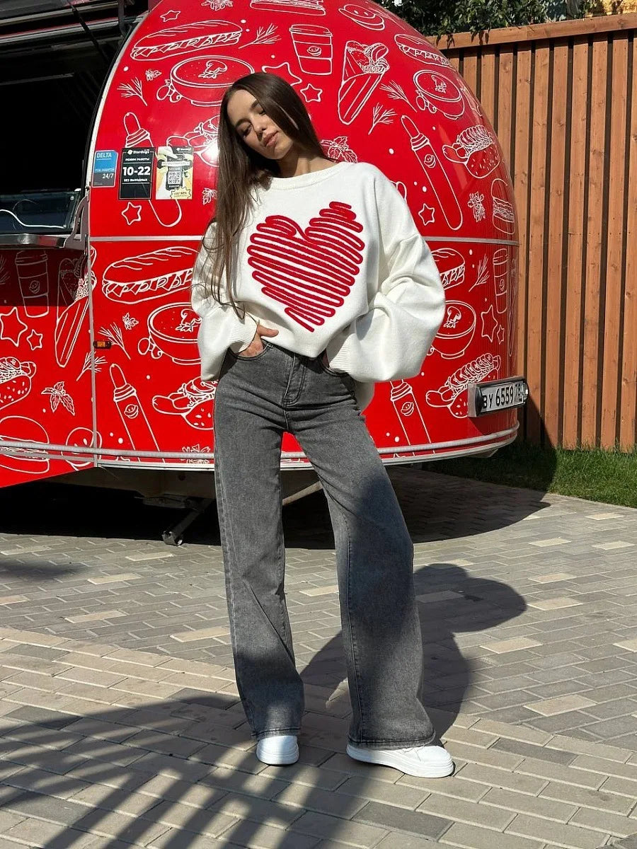 Women's Heart Knitted Loose Pullovers Long Sleeve Sweater