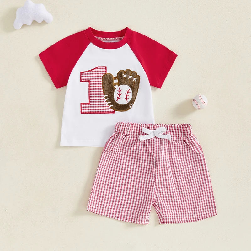 Summer Baby Boys Birthday Baseball Outfit Set - Letter Embroidery T-Shirt & Plaid Shorts (0-3Y)