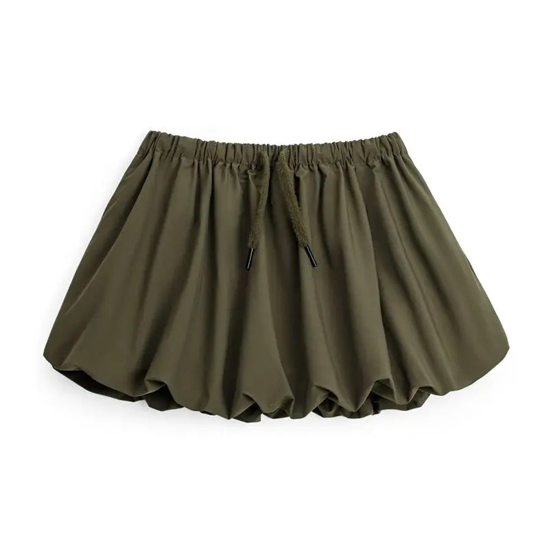 Women's Casual Green Bubble Hem Mini  Summer Drawstring Waist Lantern A-Line Versatile Floral Petal Short Skirt