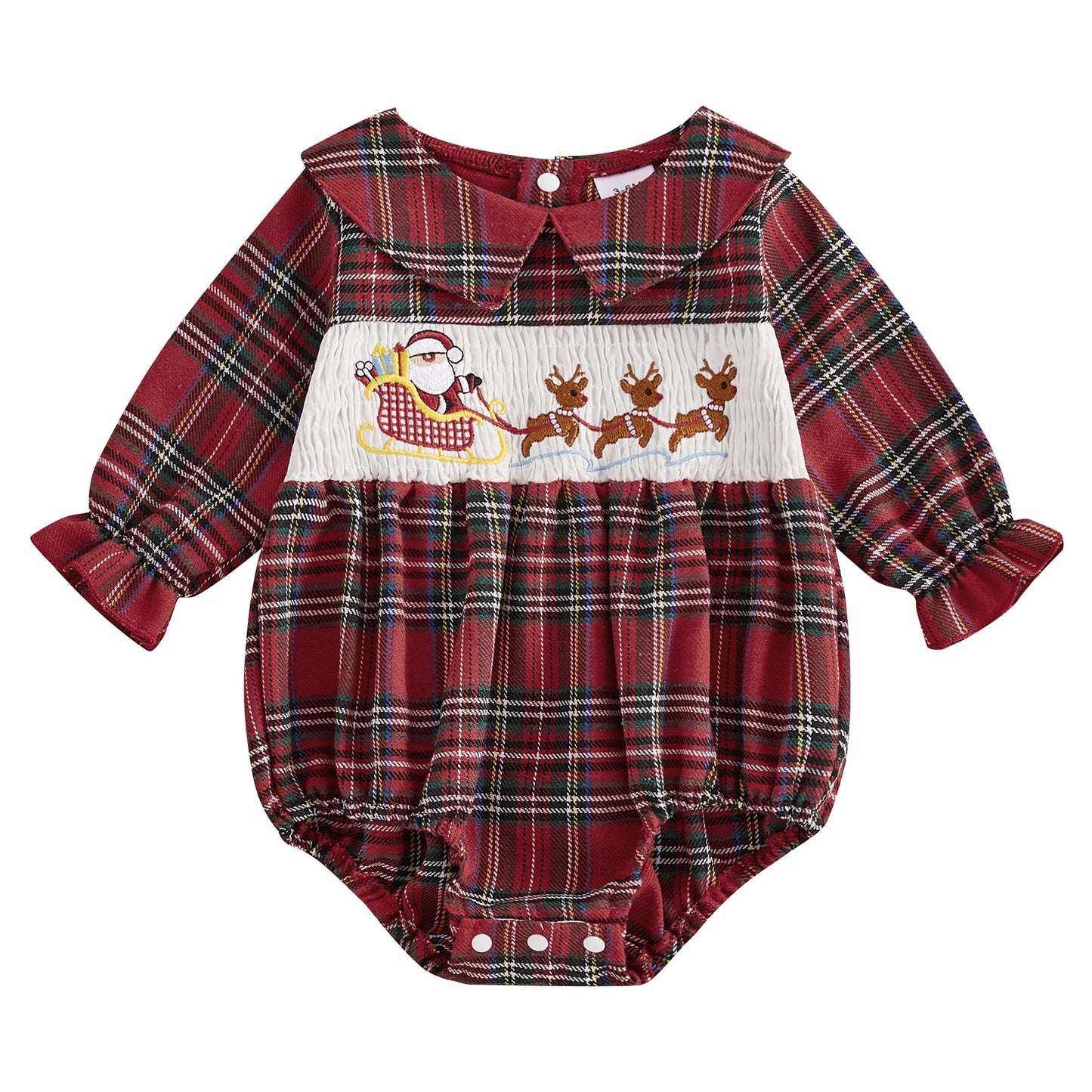 Christmas Santa Embroidery Peter Pan Collar Romper - Baby Girls Plaid Jumpsuit