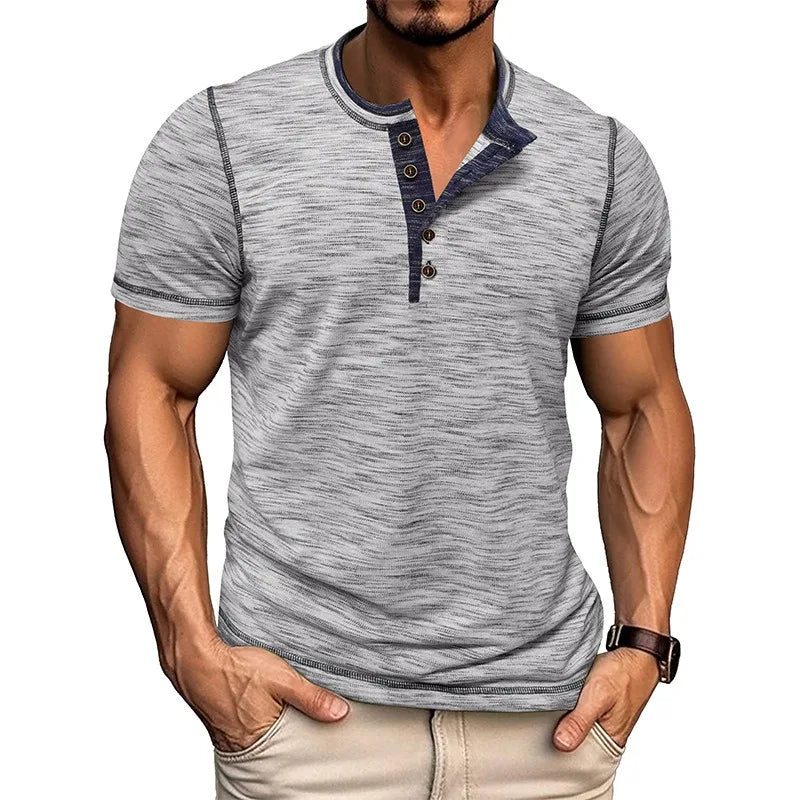Men's Summer Henry Collar Patchwork Short Sleeve Casual Breathable Pullover T-Shirt