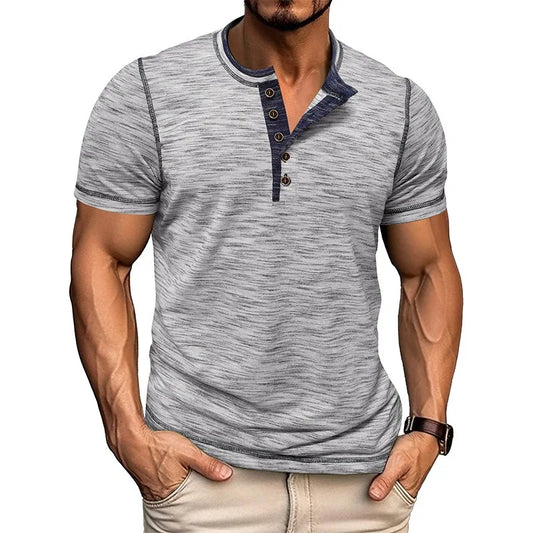 Men's Summer Henry Collar Patchwork Short Sleeve Casual Breathable Pullover T-Shirt