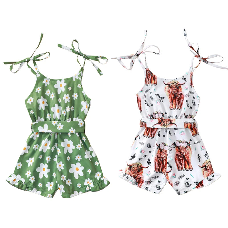 1-5Y Girl Summer Jumpsuits -  Shorts Western Cow/Flowers Print Sleeveless V Neck Button Overalls with Belt