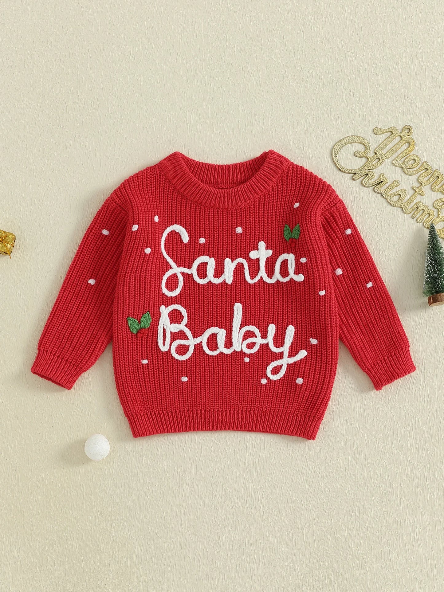 0-5Y Kids Boys Girls Christmas Sweater Letter Embroidered Crew Neck Long Sleeve Pullover Knit Top