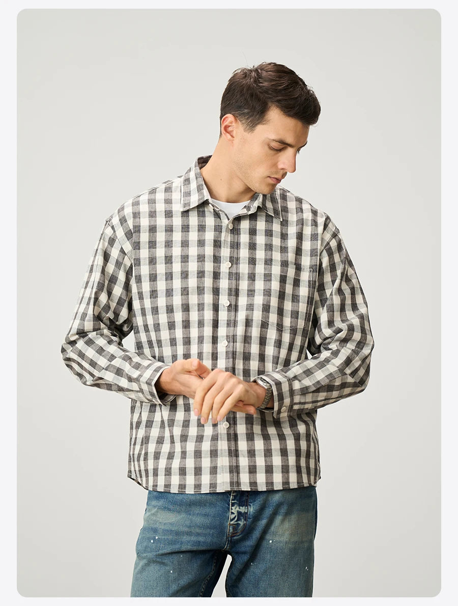 Oversized Linen Cotton Plaid Shirt - Casual Relaxed Fit
