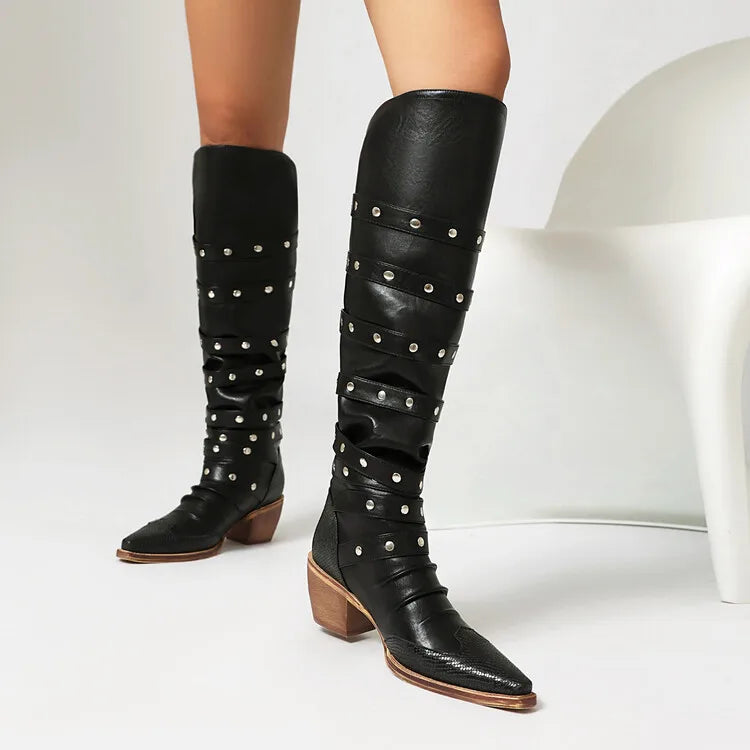 Women's 6cm Square Heel Knee High Boots Belt Buckle Rivet Pointed Leather Long Boots