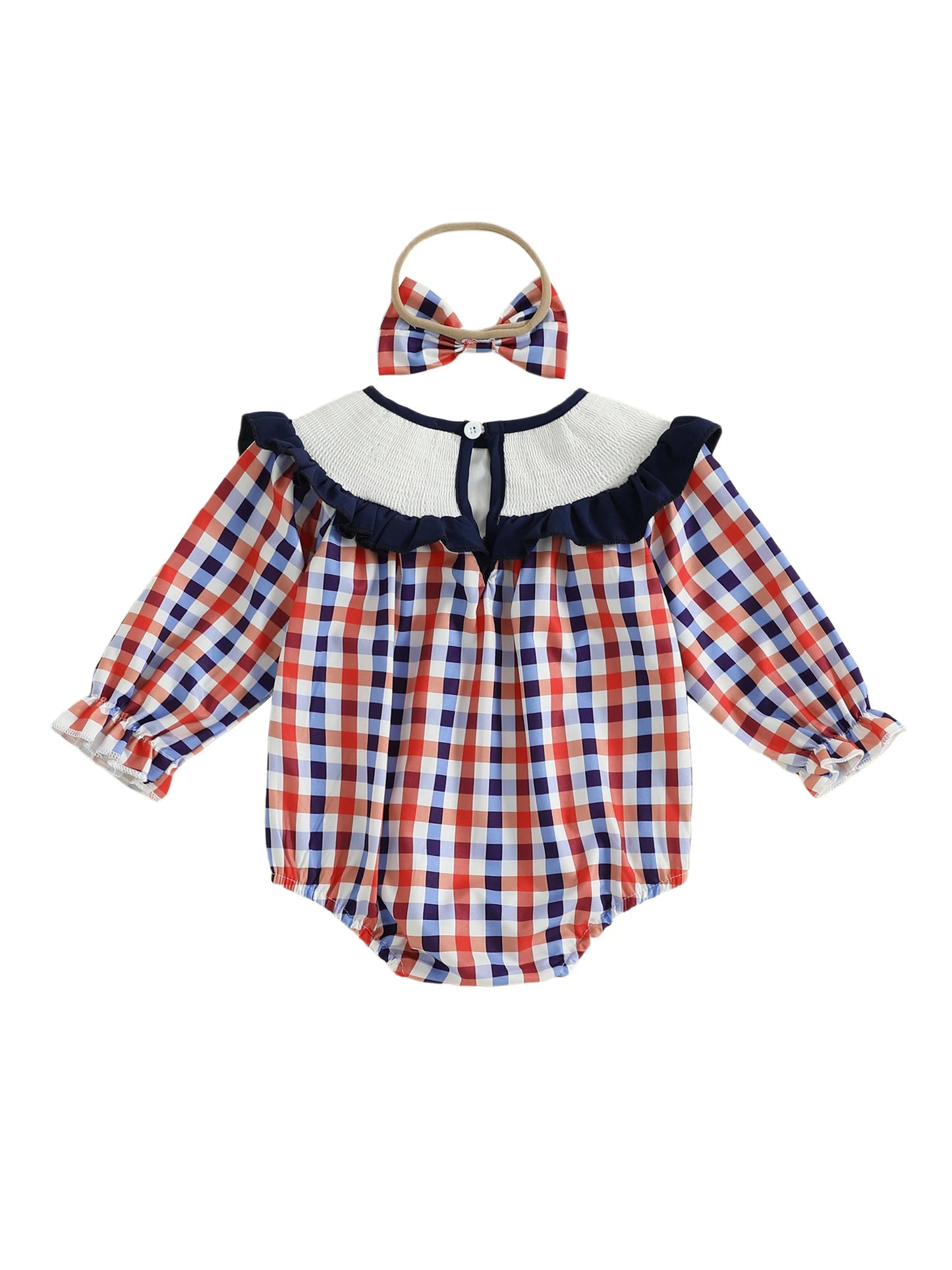 Toddler Baby Girls' Plaid Romper Dress - Animal Embroidery Smocked Jumpsuit with Headband