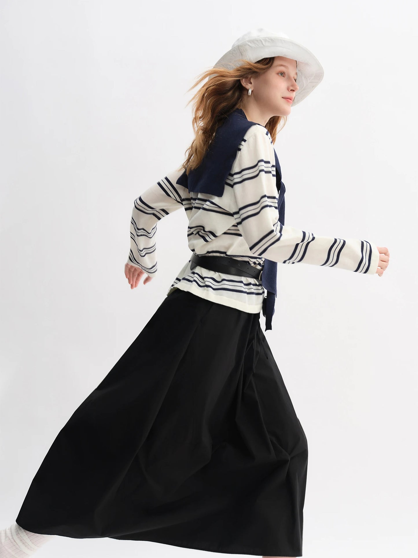 Striped Shawl and Sweater Skirt Set - Contrasting Knit Two-Piece