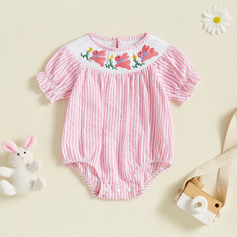 Baby Girls Easter Rabbit Embroidery Romper Dress - Striped Puff Sleeve Outfit