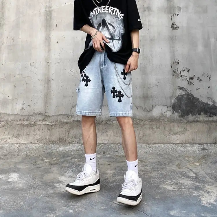 Men's Versatile American Cross Embroidery Washed Denim Shorts