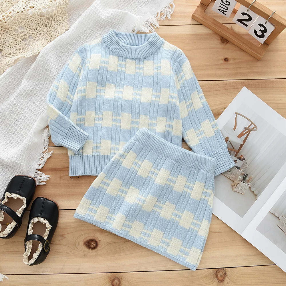 Girl's Colour Blocked Sweater Set Girls Long Sleeved Top and elastic Short Skirt 2-piece Set