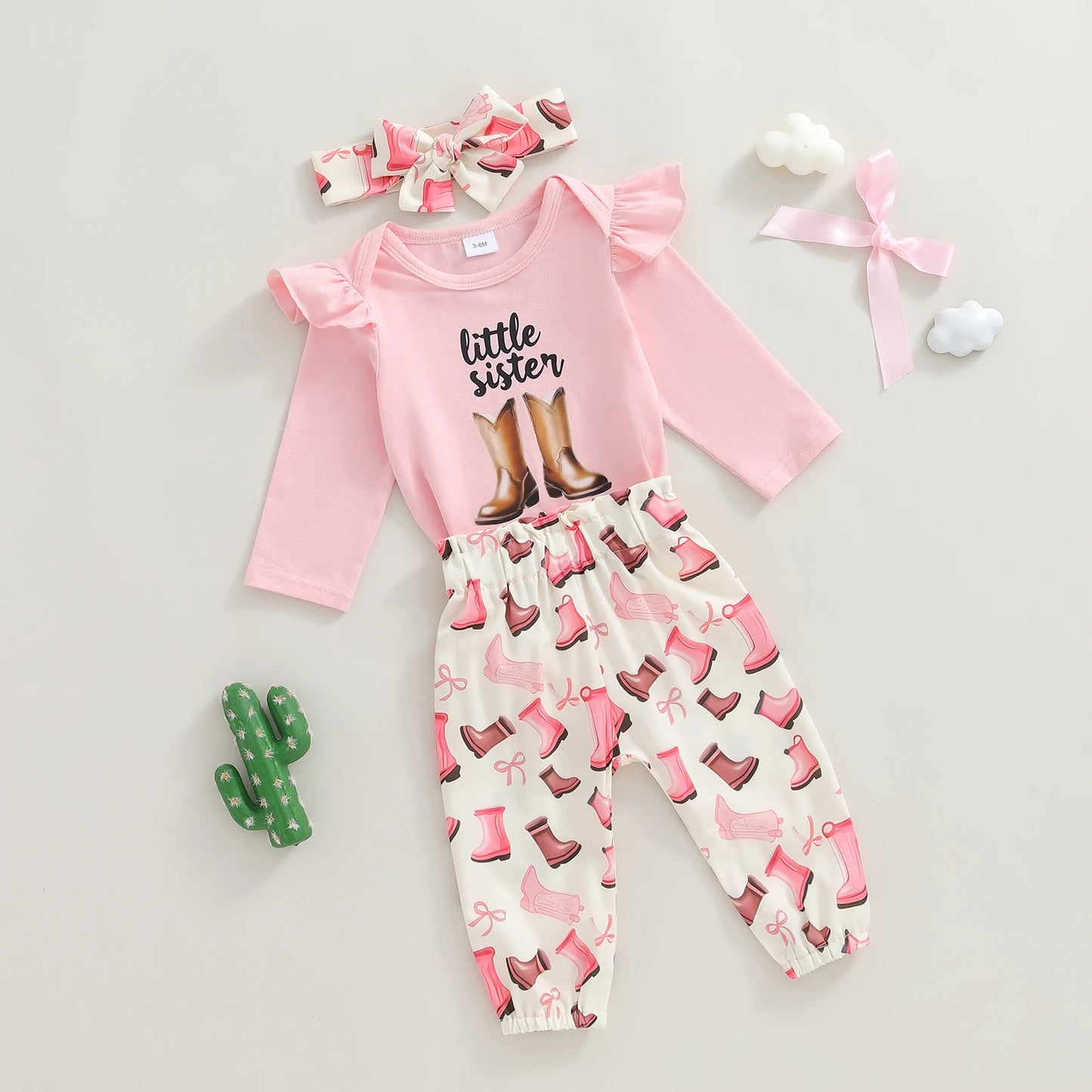 Baby Girls Western Fall Winter Outfit Set - Long Sleeve Romper, Boot Print Pants & Bow Headband (0-18M)