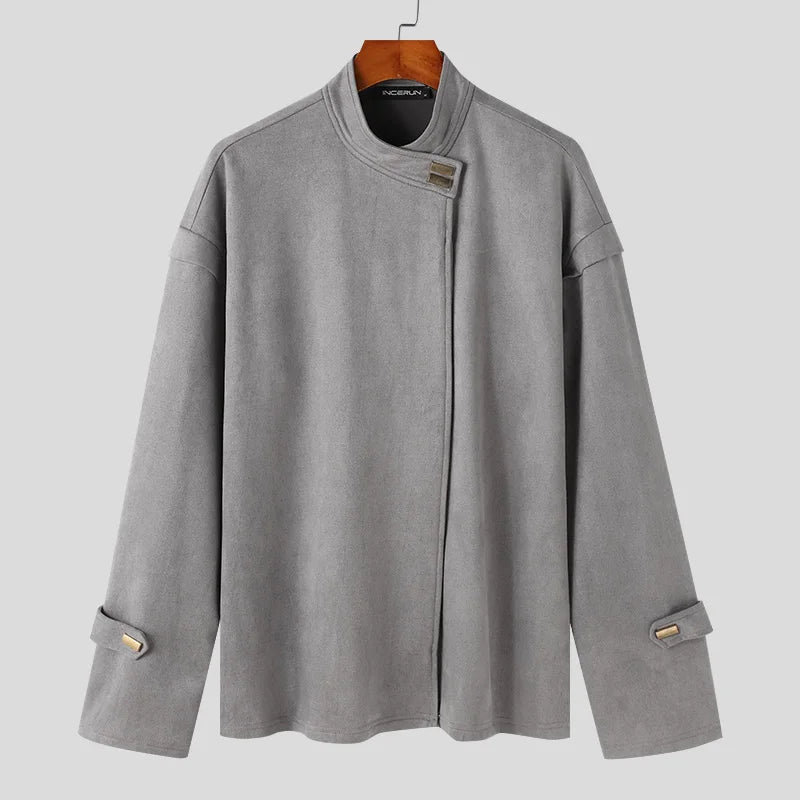 Men's Solid Simple Metal Buckle Design Jacket Coat Long Sleeved Jacket