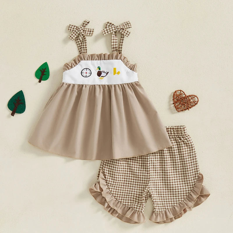 3-7Y Toddler Kids Girls  Clothes Set 2pcs Sleeveless Tie-up Duck Embroidery Camisole with Ruffled Plaid Shorts
