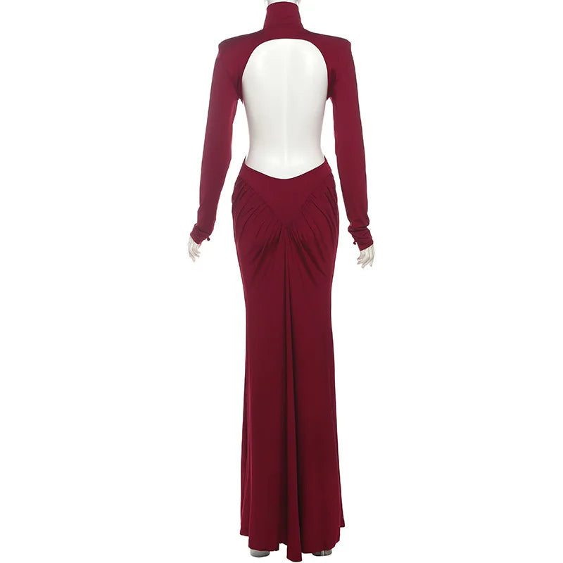 Women's Ruched Long Sleeve Maxi Dress - Elegant Backless Evening Gown