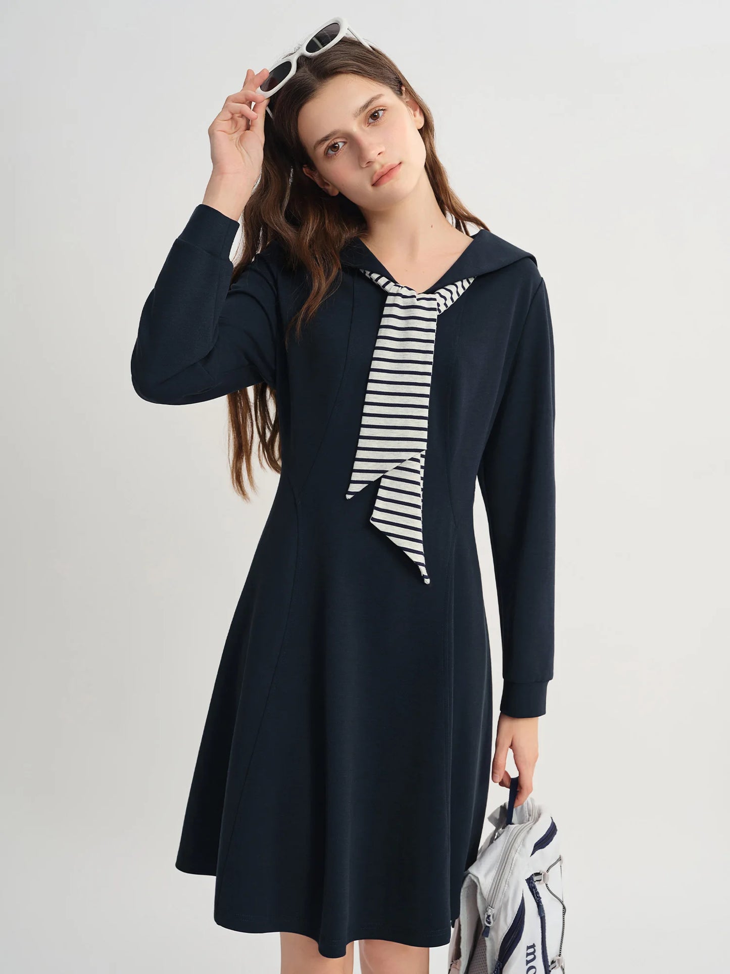 College Style Contrasting Color Wraparound V-Neck Long Dress