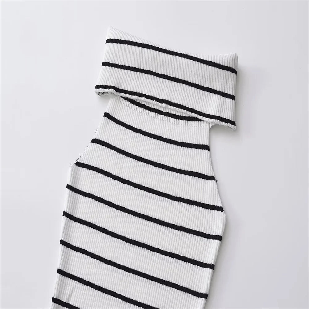 Women's Casual Versatile Slim Fit Off Shoulder Knitted Stripe Dress