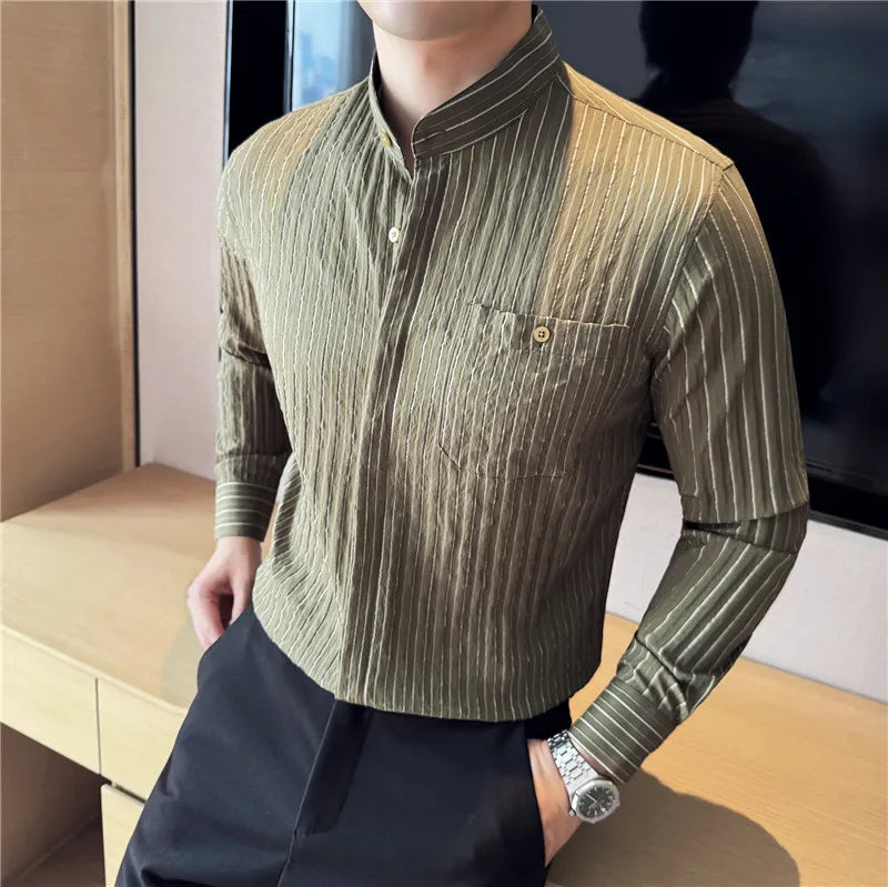 Men's Striped Stand Collar Long Sleeve Single Breasted Shirt