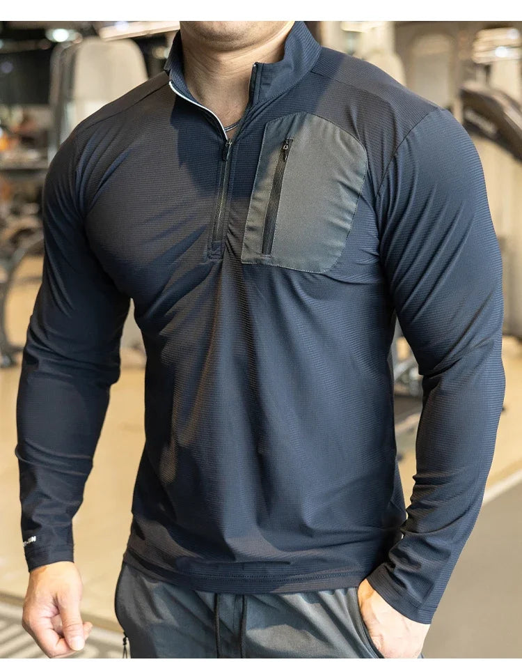 Men's Muscle Workout Sportswear Long Sleeve Running Clothing with Half Zip with Pockets Sports Gym Fitness Compression Shirt