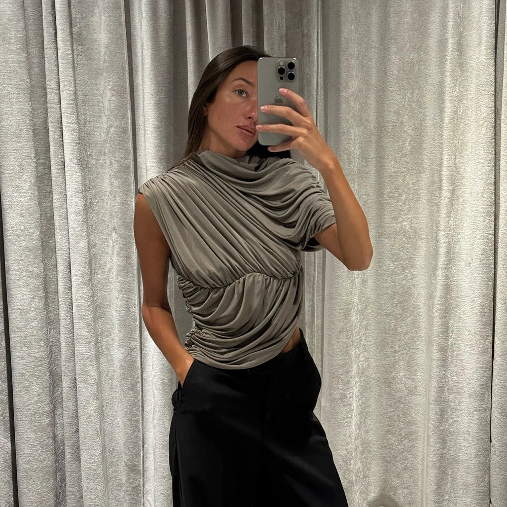 Women's Ruched Asymmetrical Sleeveless Top - Chic Summer T-Shirt